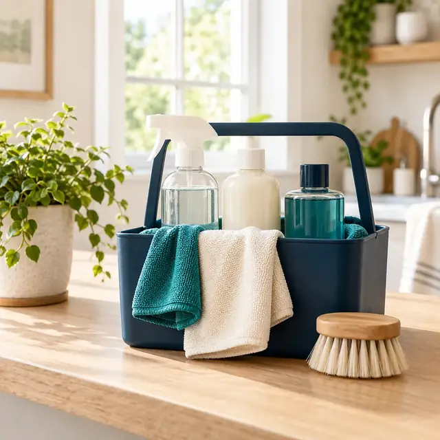 A navy cleaning caddy with microfiber cloths and unlabeled bottles beside a scrub brush
